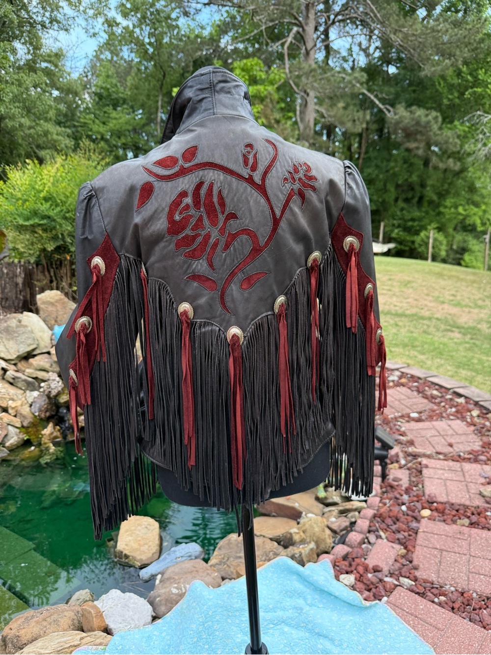 Black Leather Bomber Jacket with Red Fringe & Embroidered Accents - Picture 9 of 11